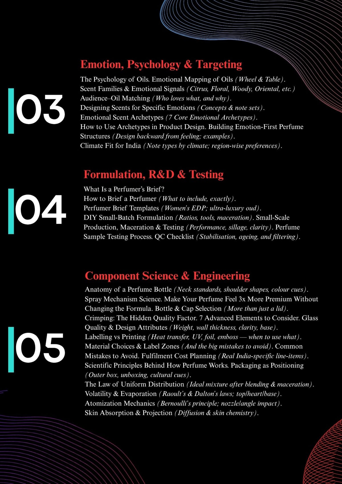 Perfume business guide contents covering scent psychology, formulation, research and development, quality testing and bottle packaging.