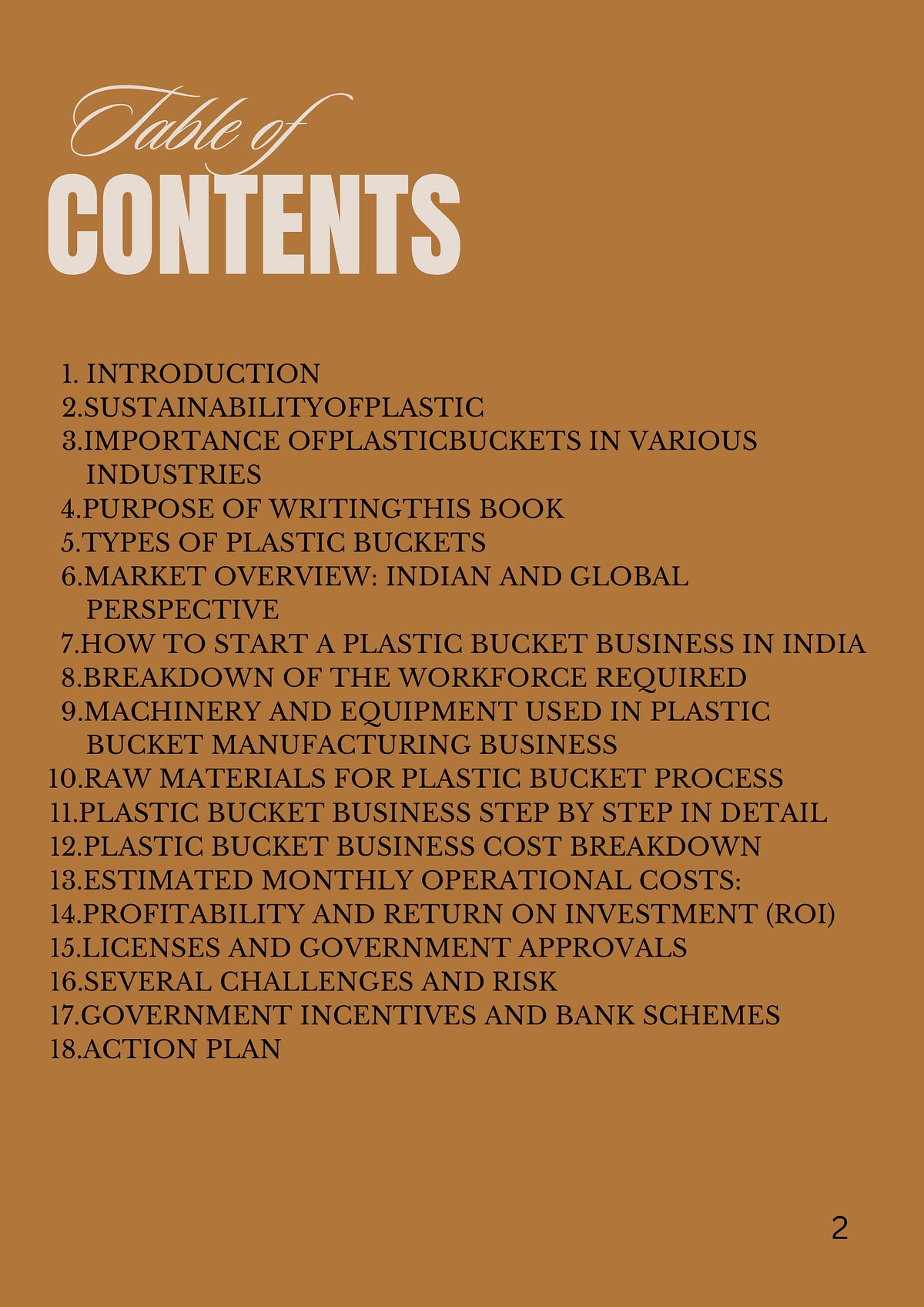 Plastic Bucket Manufacturing in India original table of contents with 18 manufacturing business topics