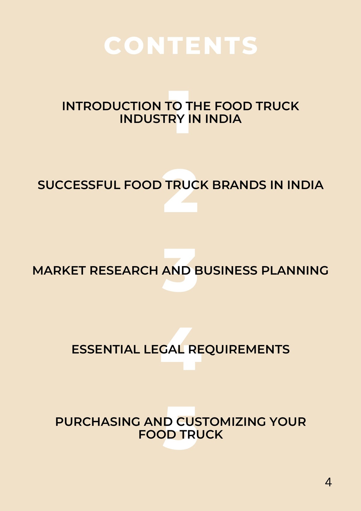 Food truck guide contents covering market research licences truck purchase and menu planning