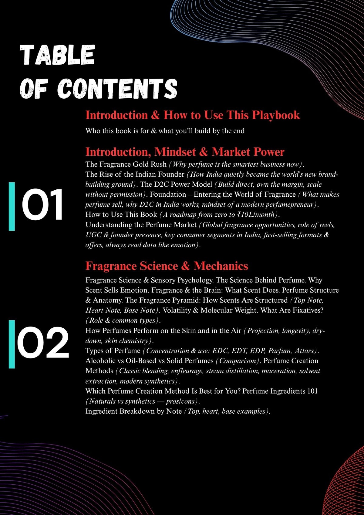 Perfume business ebook contents covering fragrance science, market opportunities, D2C business models and perfume creation methods.