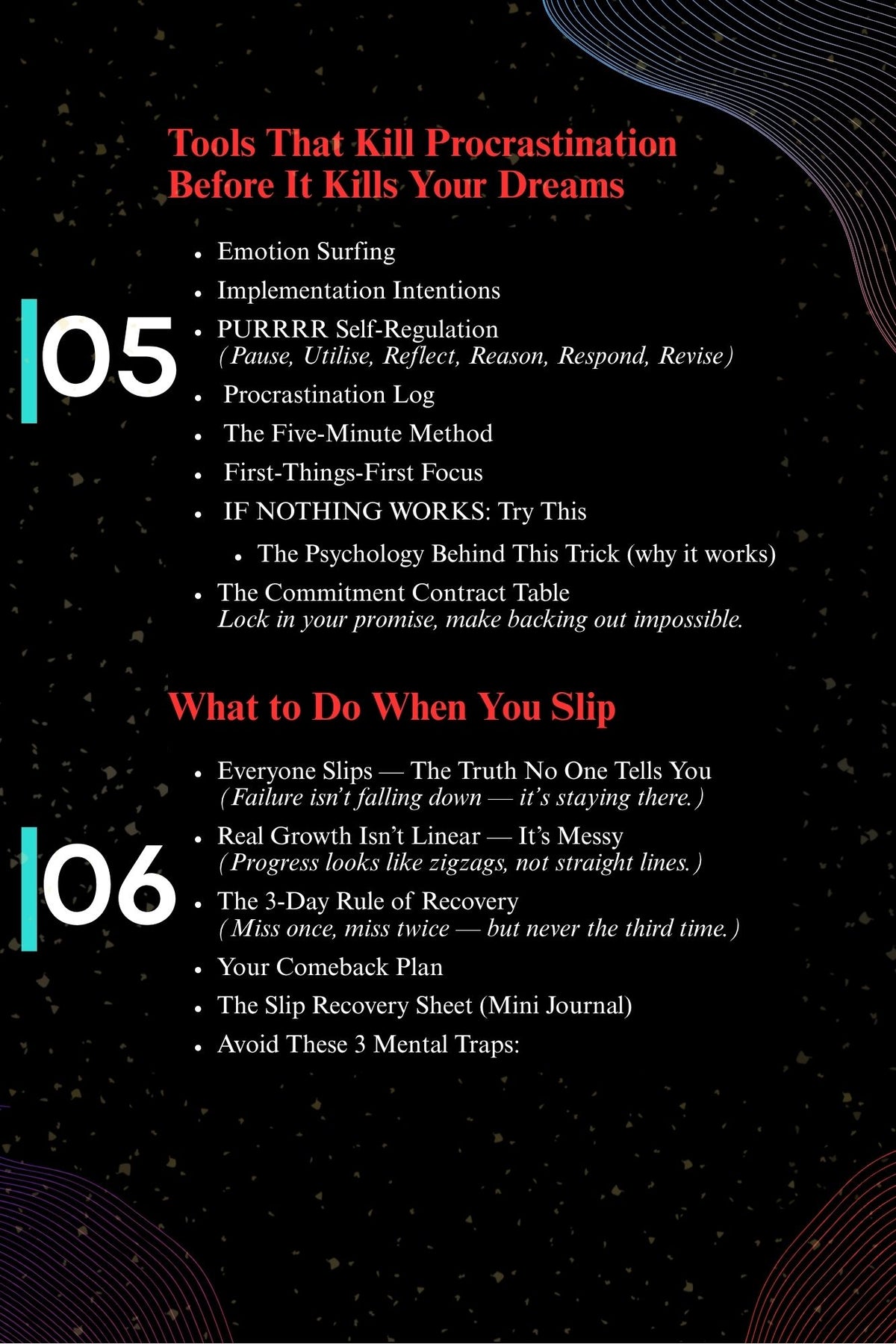 Stop Waiting for Tomorrow contents showing self-regulation, recovery and commitment tools