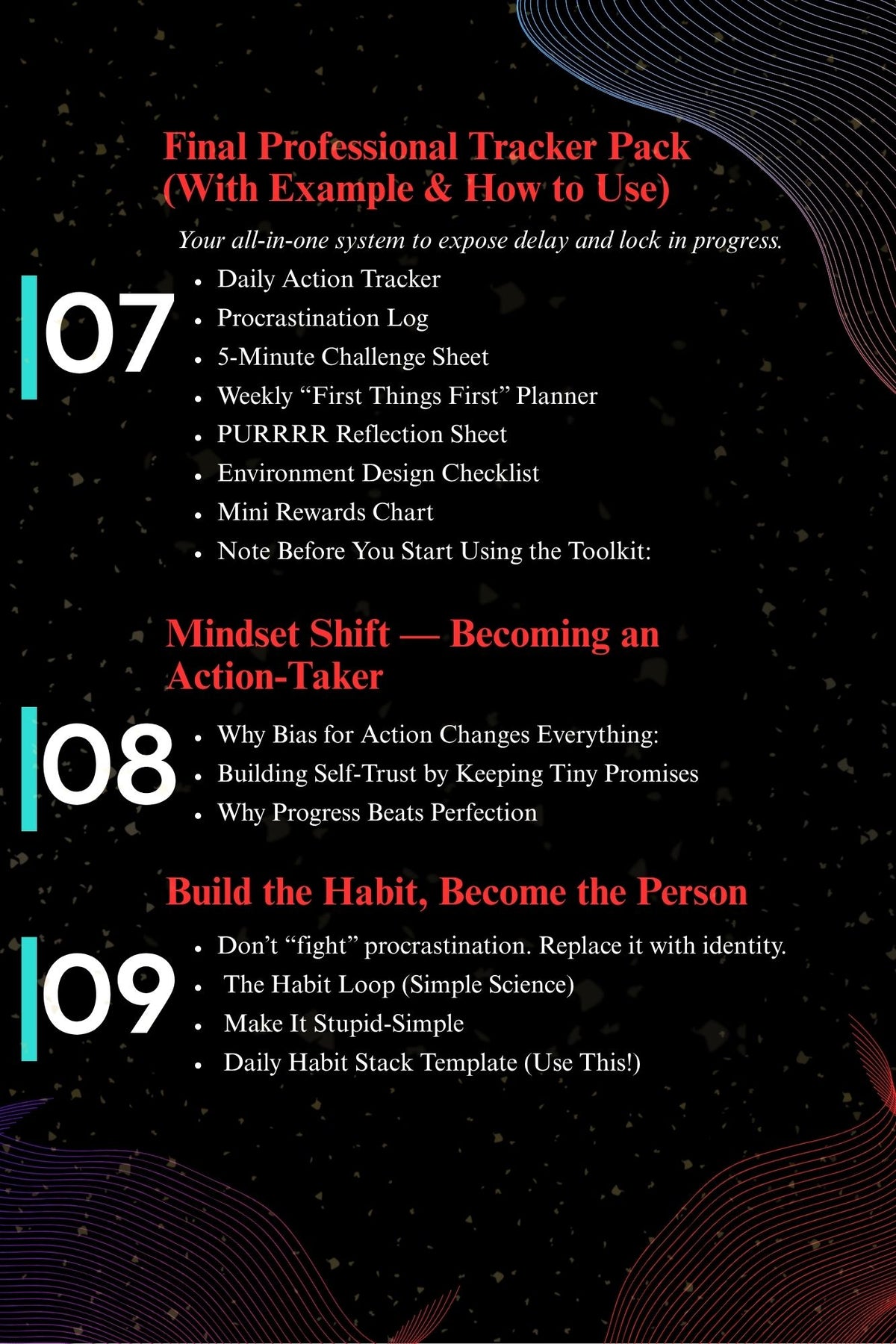Stop Waiting for Tomorrow contents showing tracker pack, mindset and habit methods