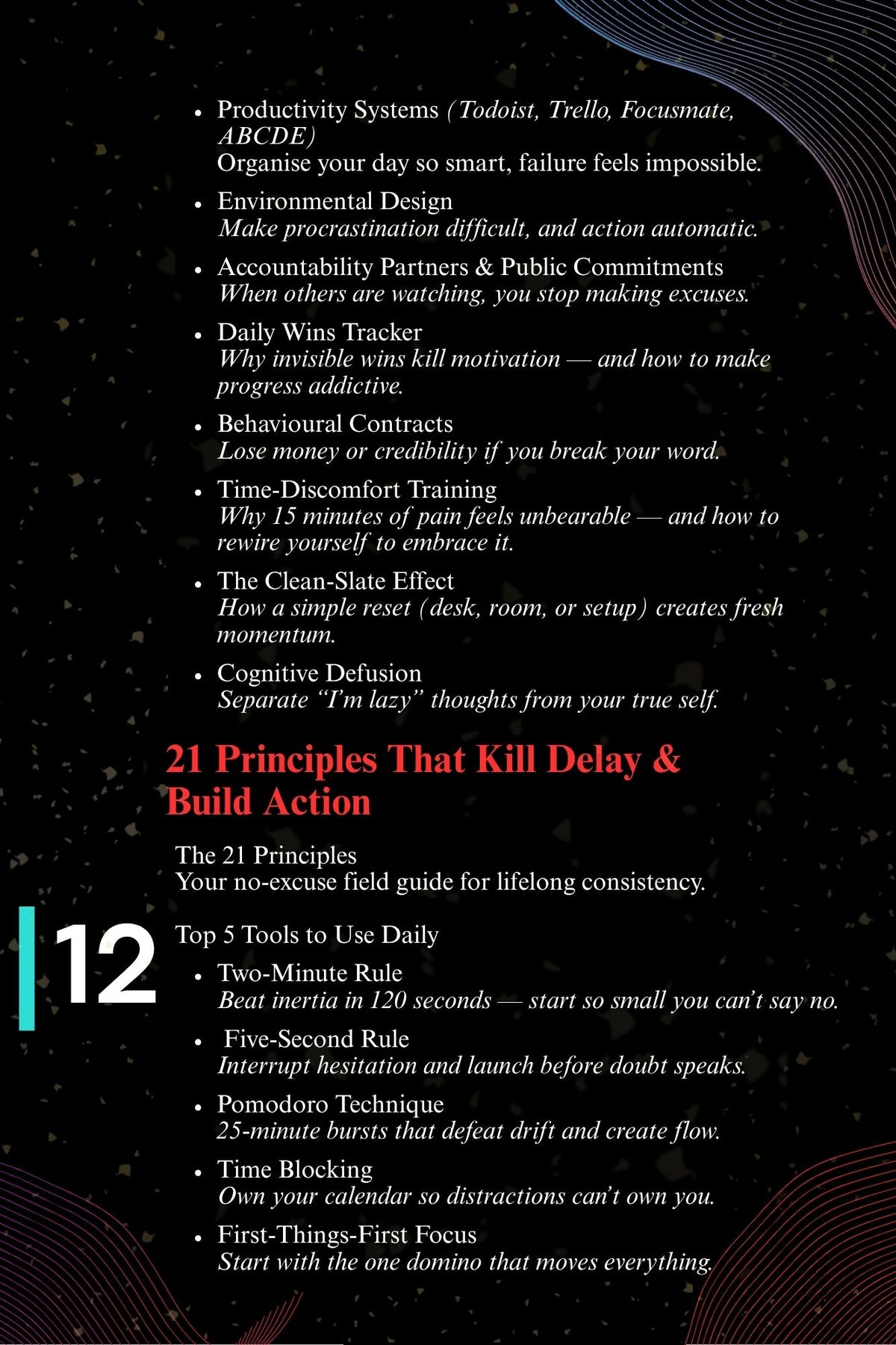 Stop Waiting for Tomorrow contents showing practical focus tools and action principles