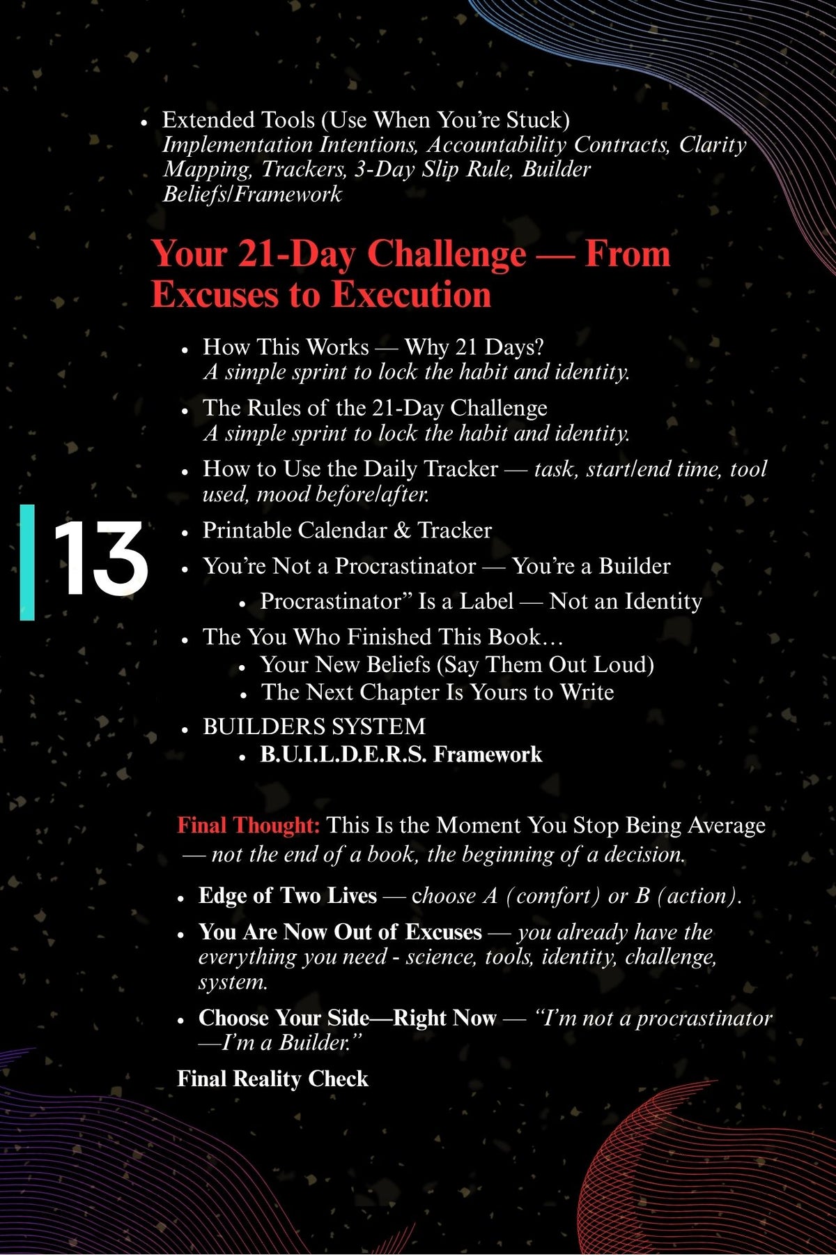 Stop Waiting for Tomorrow contents showing 21-day challenge and BUILDER execution framework